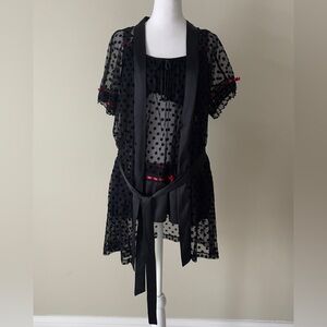 Linea Donatella Black Sheer Polka Dot Robe with Red Ribbon Accents